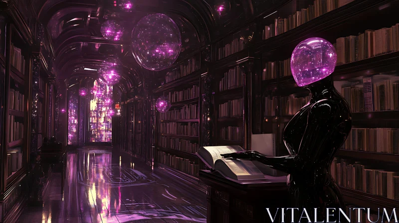 High-Tech Library with Purple Glowing Lights AI Image