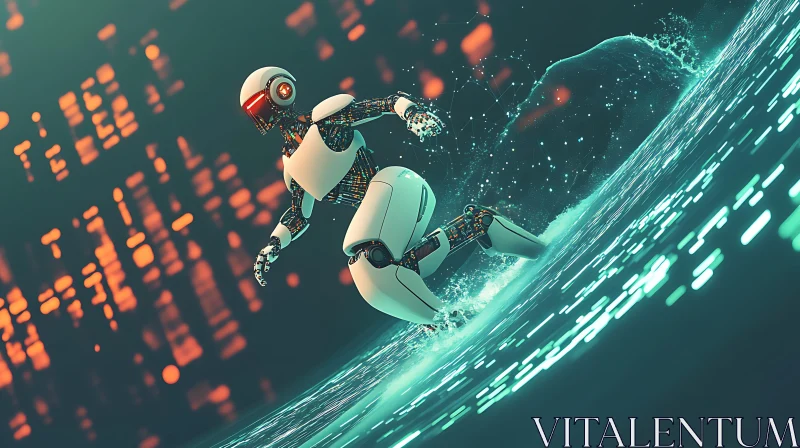 Cybernetic Robot Surfing in Digital Space AI Image