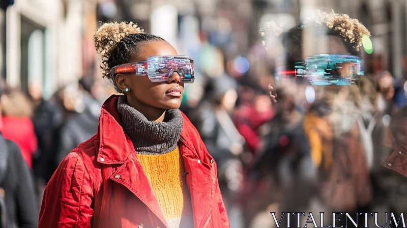 Person in High-Tech Glasses on City Street AI Image