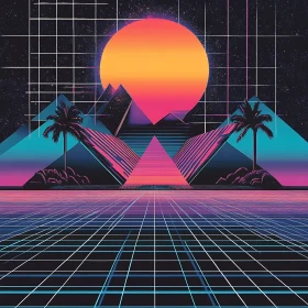 Neon Sunset with Pyramids and Grid in Synthwave Style