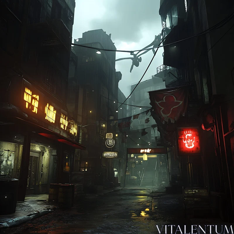 Moody Urban Alley with Neon Signs and Fog AI Image