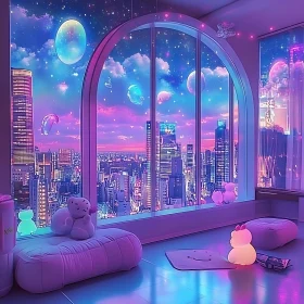 Neon Lit Surreal Cityscape Viewed Through Cozy Room Window