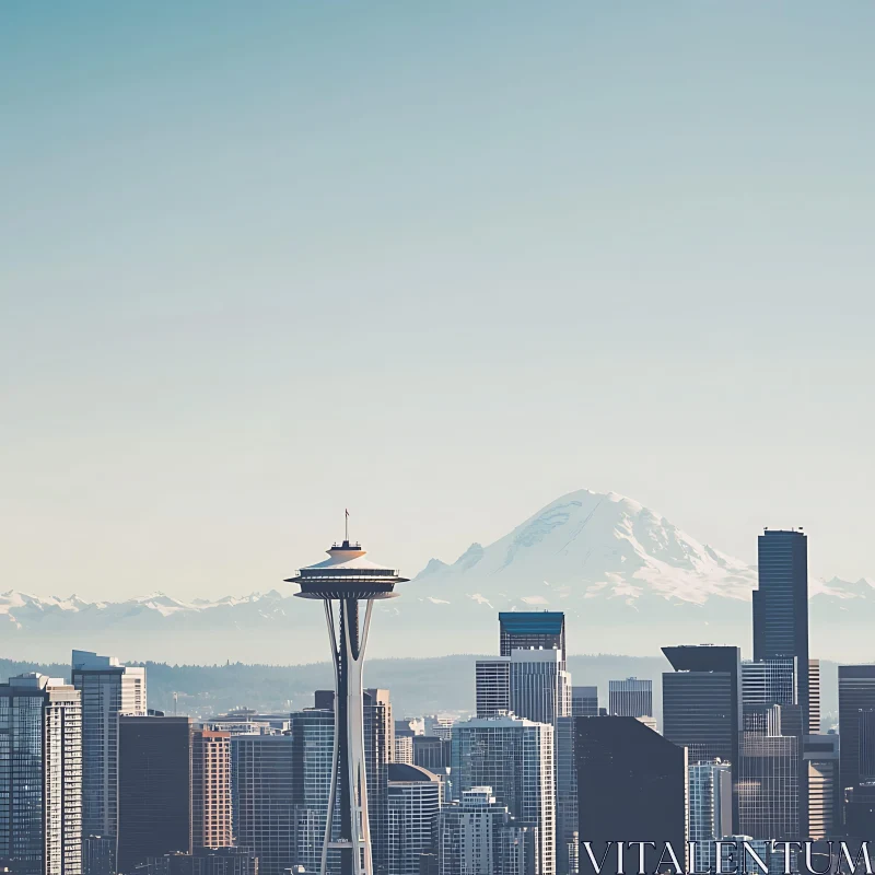 AI ART Urban Skyline with Space Needle and Majestic Mountain Backdrop