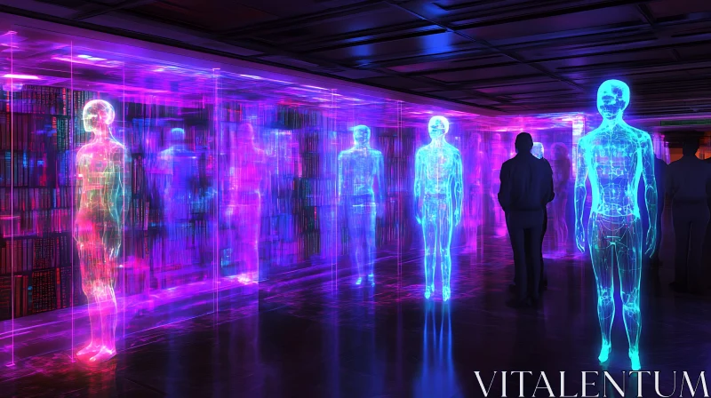 Neon Holographic Figures in a High-Tech Environment AI Image