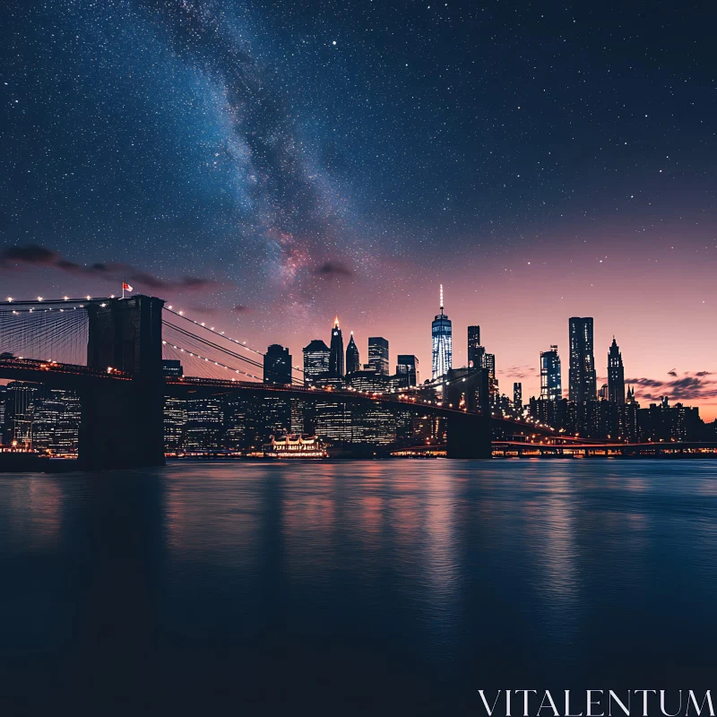 City Nightscape with Starry Sky and River Reflection AI Image