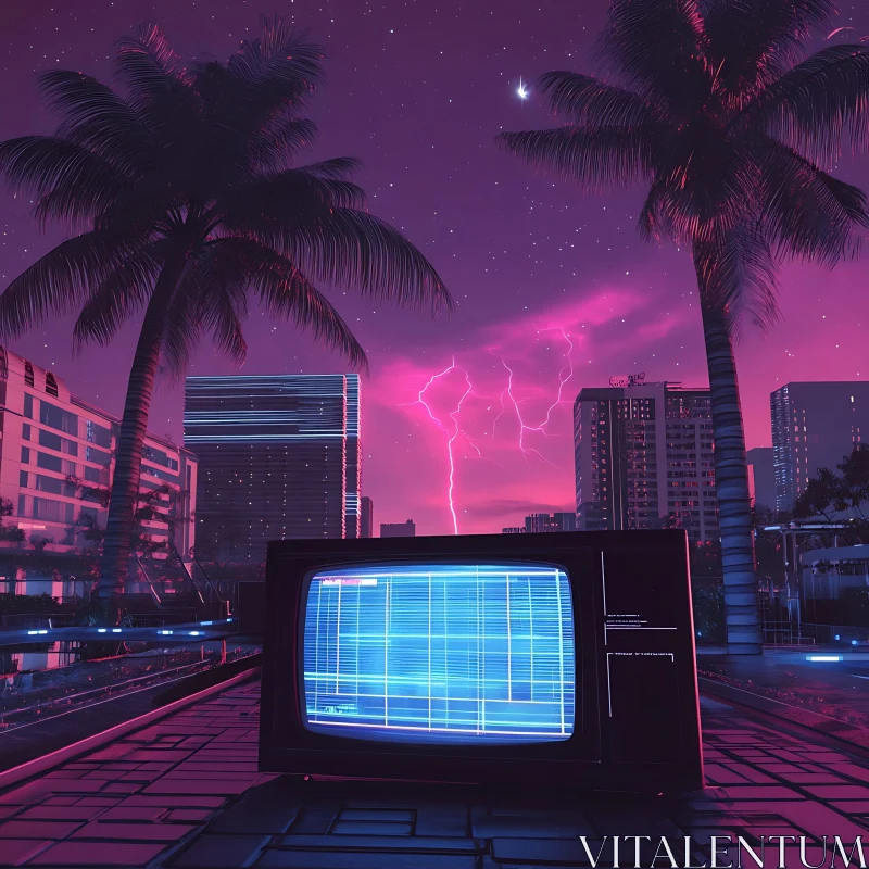 Retro TV Under Neon Sky AI Image