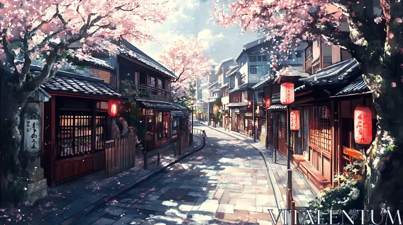 Serene Japanese Town with Blooming Cherry Trees AI Image