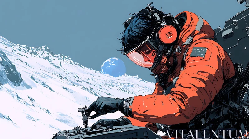 Space Mission: Astronaut on Snowy Terrain AI Image