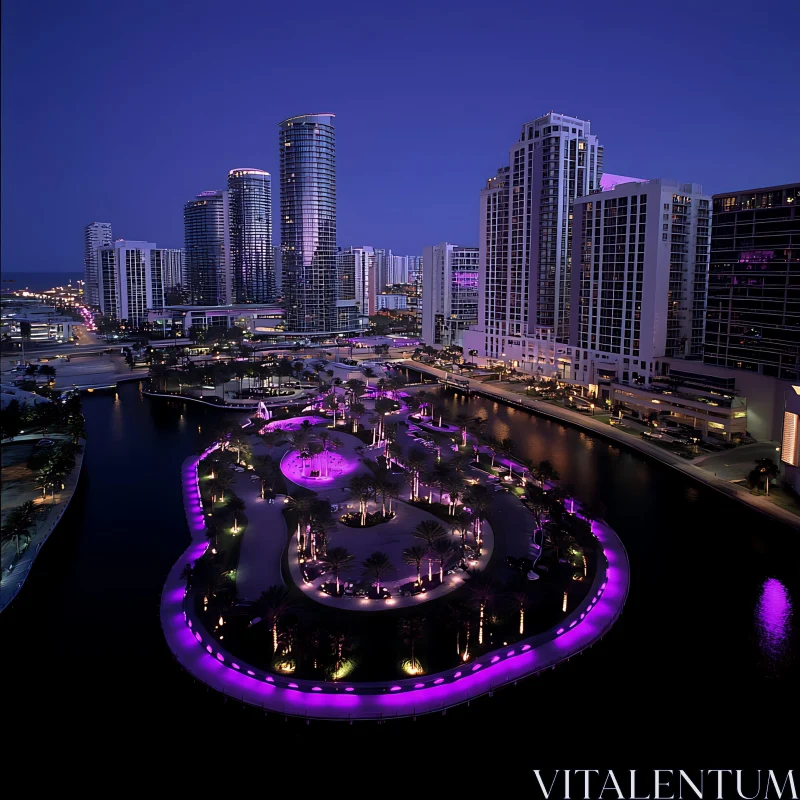 Purple Lit Riverside Urban Landscape at Night AI Image