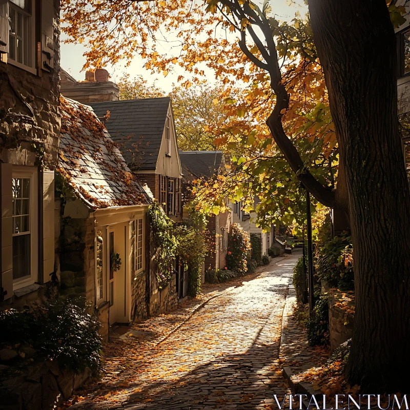 Autumn Sunlight on Quaint Village Street AI Image