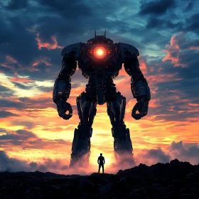 Giant Robotic Figure with Glowing Red Eye at Sunset