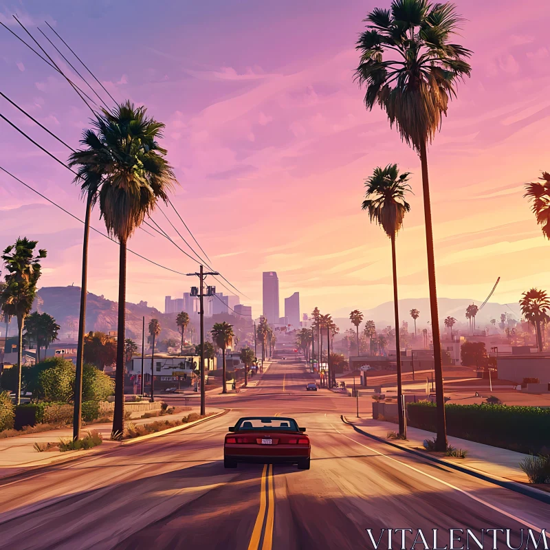 City Drive at Sunset with Palm Trees AI Image