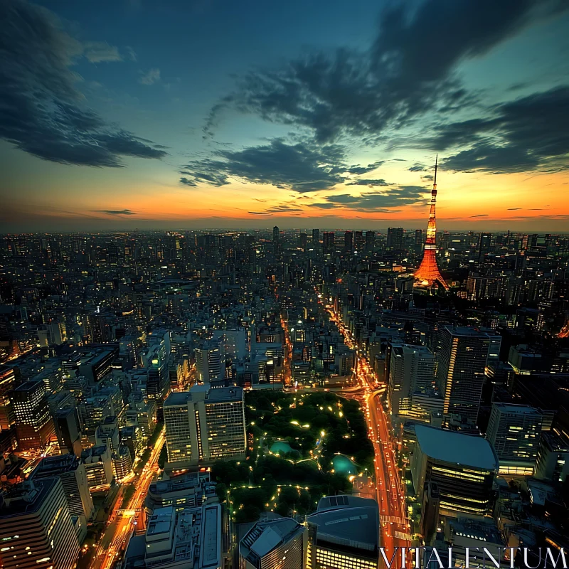 Twilight Urban Skyline with Tower and City Lights AI Image