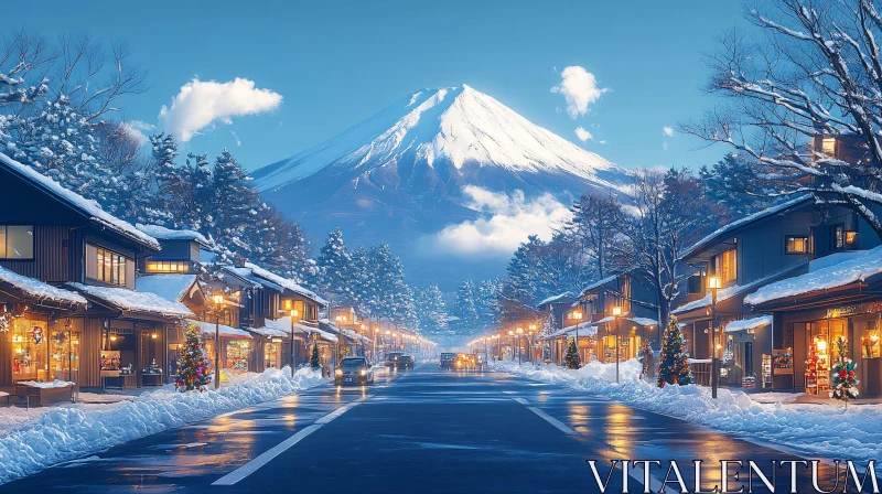 AI ART Snow-Covered Village and Mountain Landscape