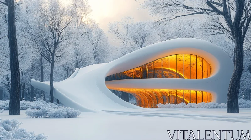 Modern Organic Building in Snow-Covered Woodland AI Image