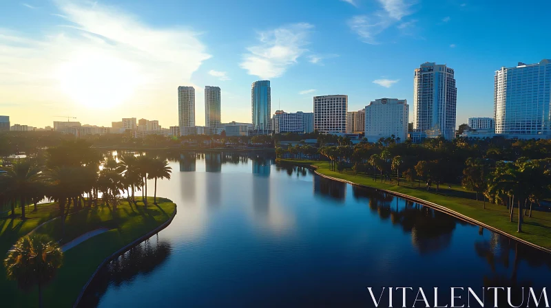 City Skyline at Sunset with Lakeside Reflections AI Image