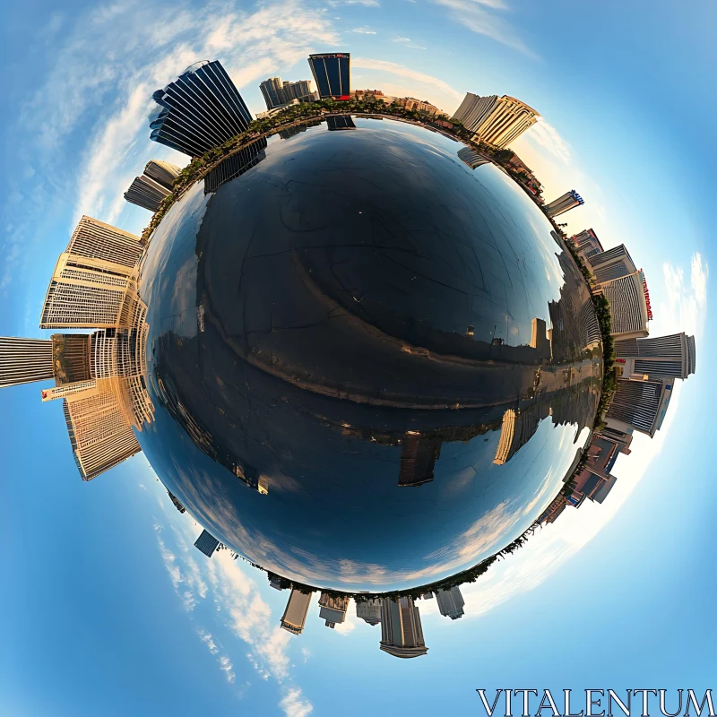 Globe-like Urban Skyline through Fisheye Lens AI Image