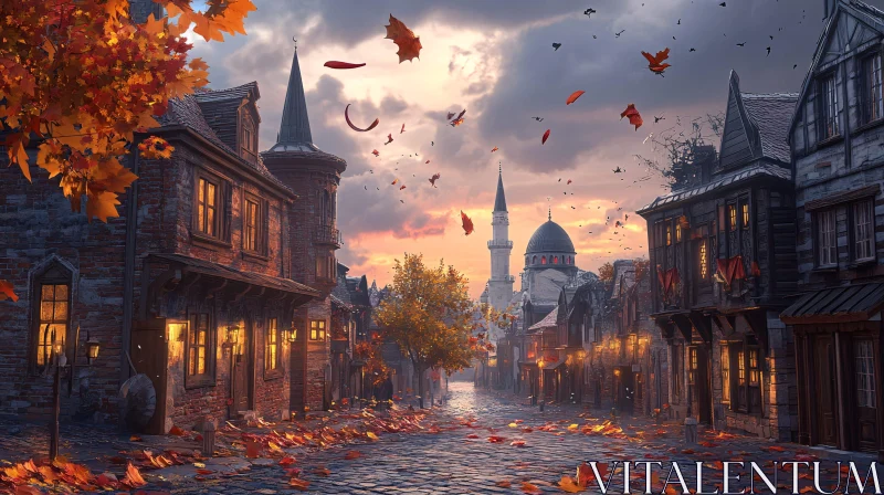 Serene Village Street in Autumn Evening AI Image