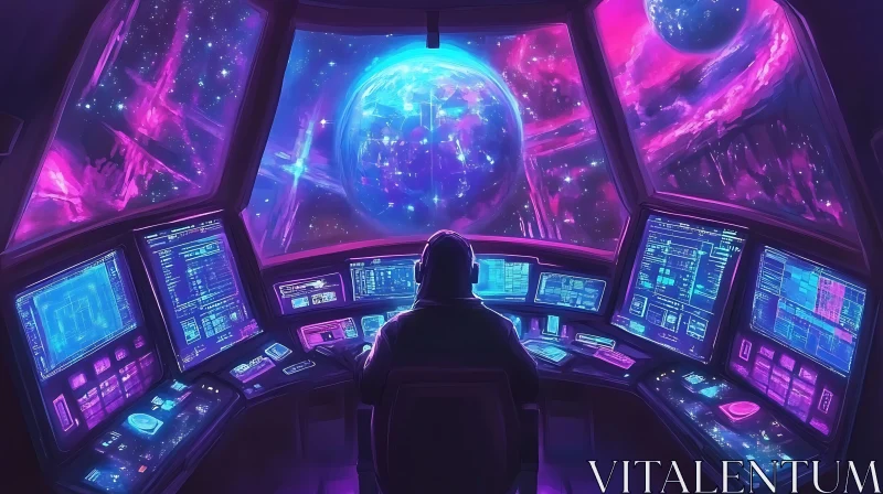 AI ART Advanced Spaceship Control Room with Galactic View