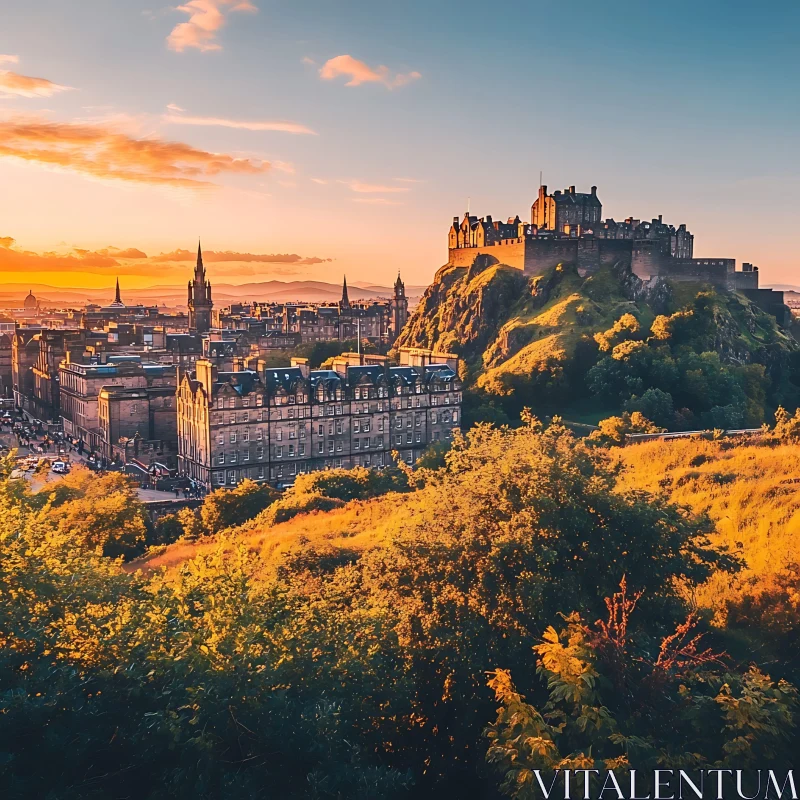 Hilltop Castle Above Cityscape at Sunset AI Image