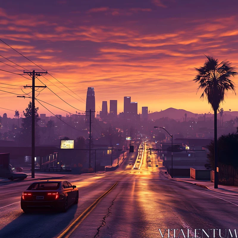 Sunset Cityscape with Road and Buildings AI Image