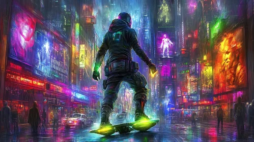 Cyberpunk Neon City with Hoverboard