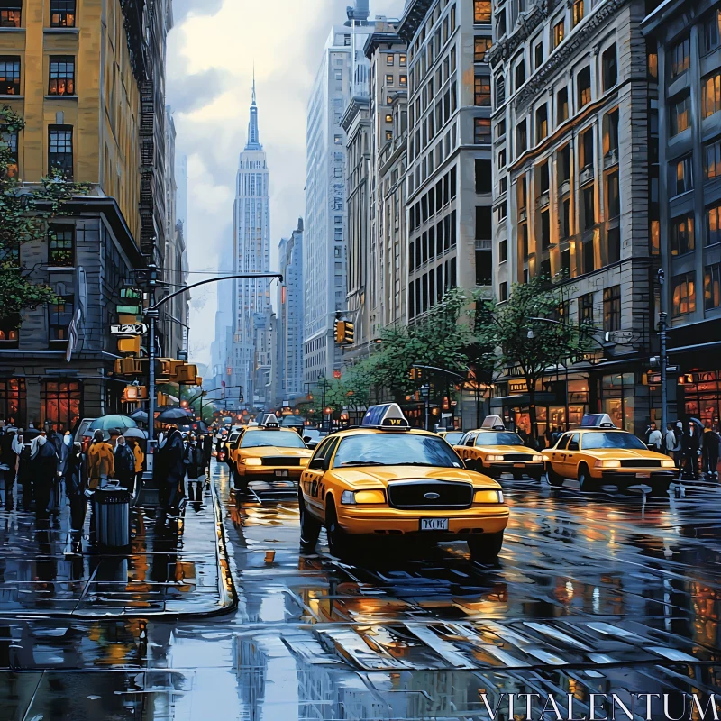 Bustling City Street with Yellow Cabs AI Image