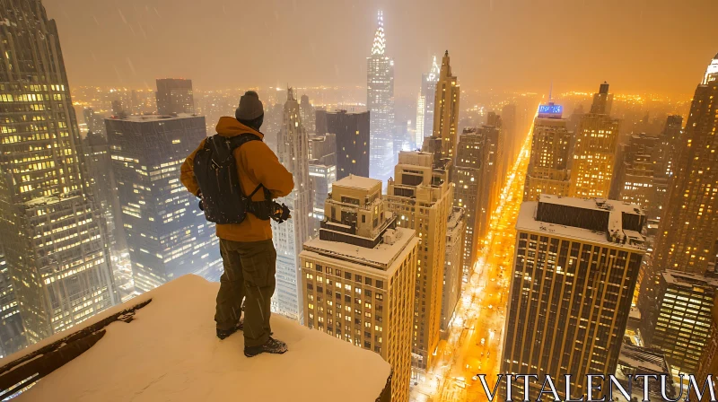 AI ART Winter Night Cityscape with Illuminated Skyscrapers