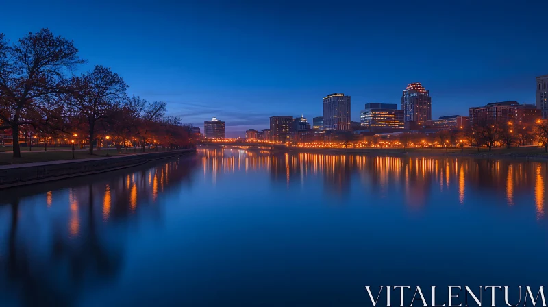 Illuminated Urban Skyline Reflected in Tranquil Waters at Night AI Image