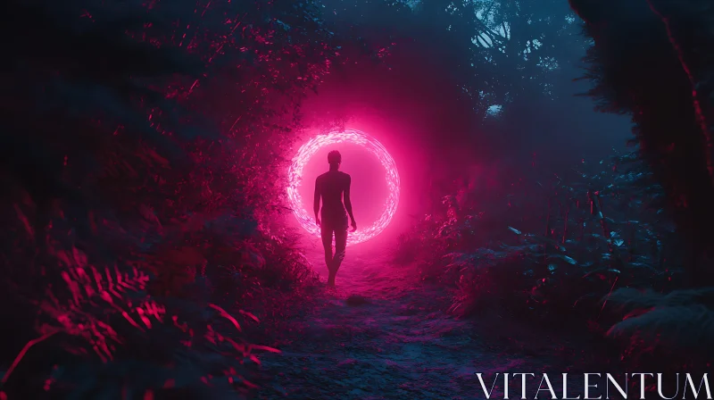 AI ART Neon Pink Portal in a Misty Forest Night