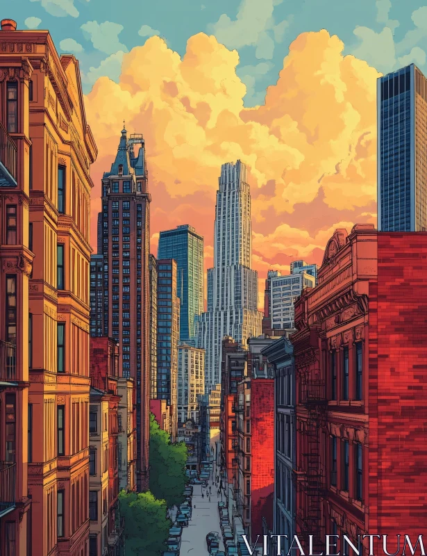 Urban Sunset Cityscape with Tall Skyscrapers and Historic Architecture AI Image