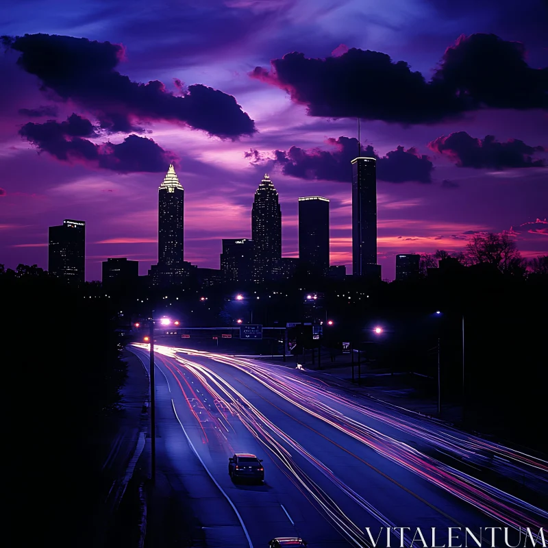 Night Urban Landscape with Skyline and Vehicle Light Trails AI Image