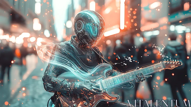 Urban Neon Robot Guitar Player AI Image