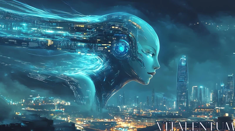 Massive Robotic Head Over Urban Skyline AI Image