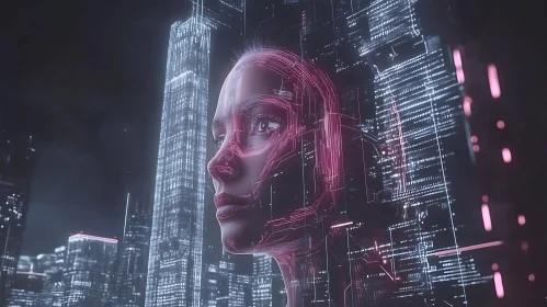 Cyber Woman Amidst Futuristic Urban Skyline