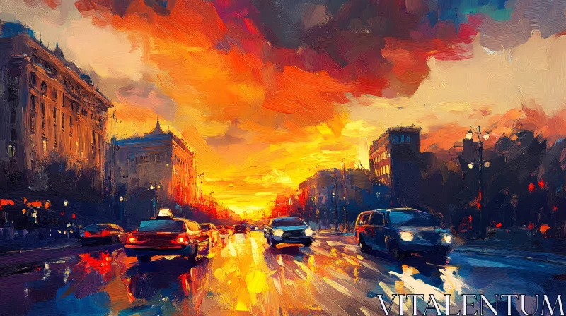 AI ART City Sunset Scene with Car Reflections at Dusk