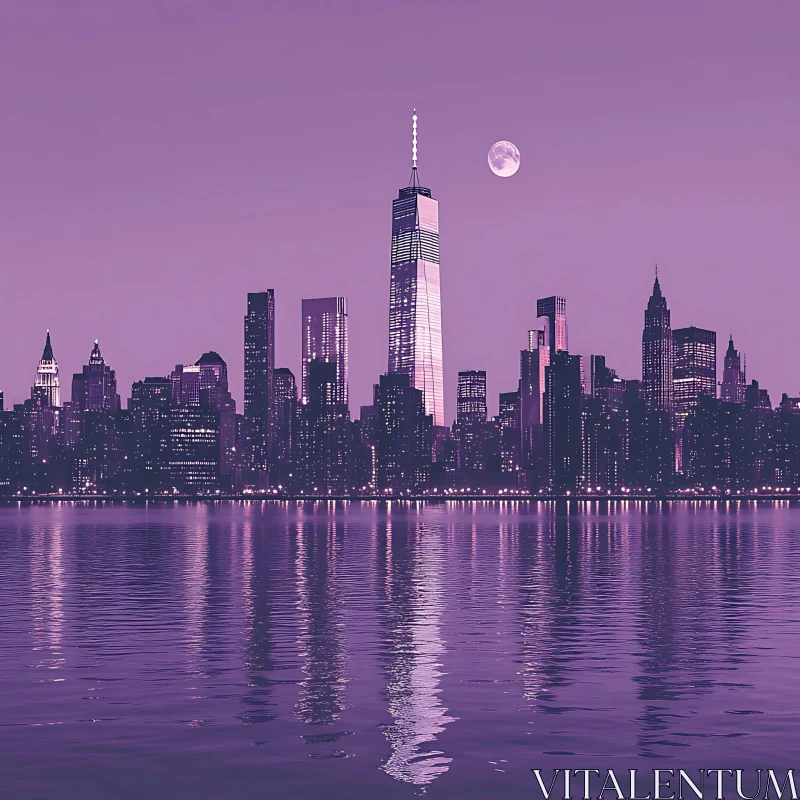 Purple-Hued Nighttime Cityscape with Reflective Waters AI Image