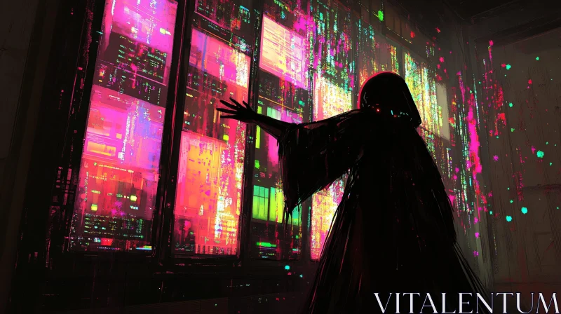 Cyberpunk Hooded Figure in Neon Glitchy Background AI Image