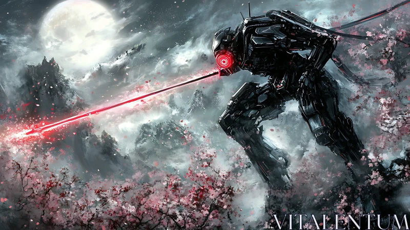 Cyborg with Red Laser Eye Amidst Blossoms AI Image