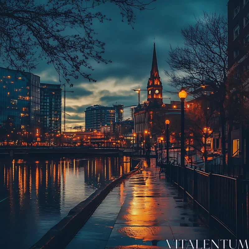 Tranquil Nightscape with Historic Church and Modern City AI Image