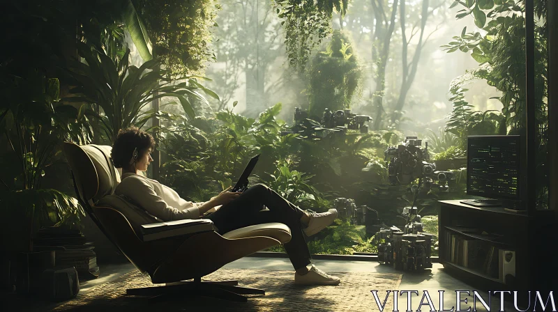 Man Relaxing with Laptop in Tech-Nature Fusion Room AI Image