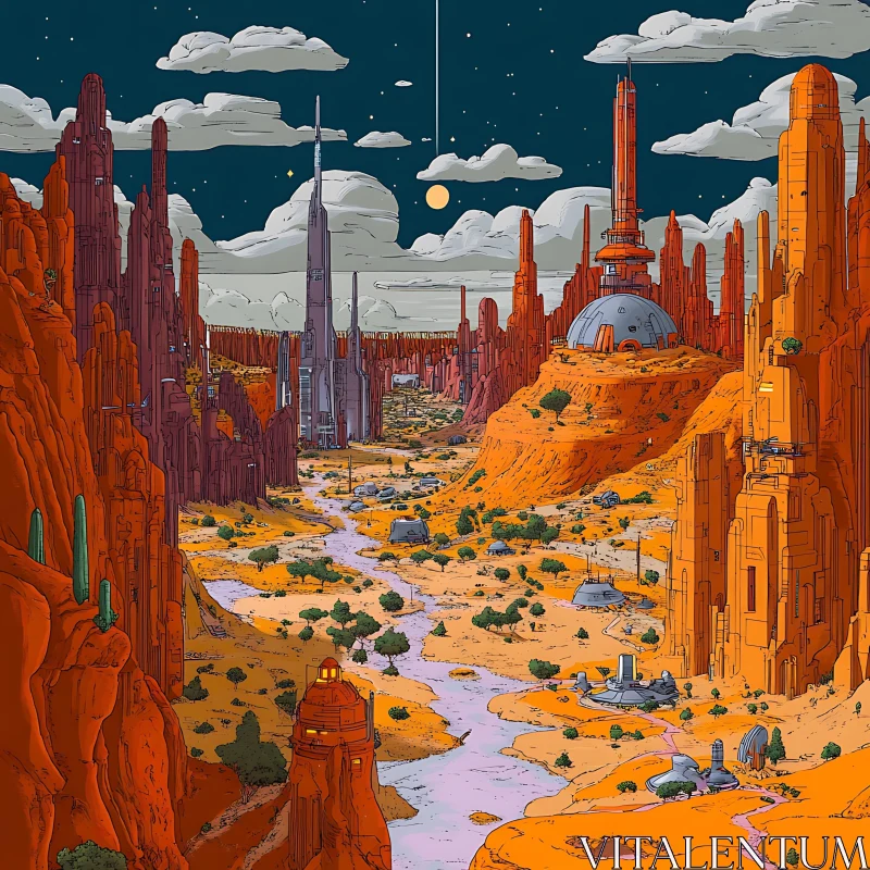 AI ART Sci-Fi Desert Scene with Towering Rock Formations