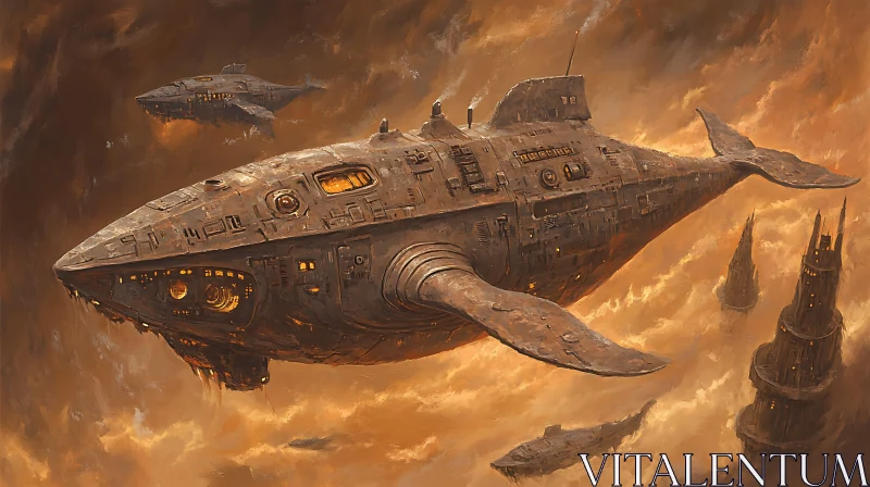 Steampunk Whale Spaceships Soaring in Orange Clouds AI Image