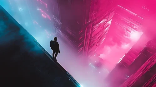 Cyberpunk Silhouette in Neon-Lit City