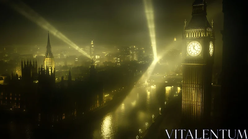 Fog-Enshrouded Big Ben with Illuminated Landmarks AI Image