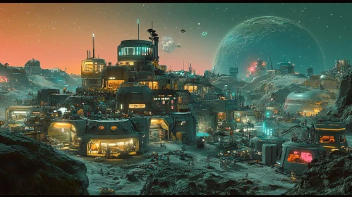 Space Colony on Alien World at Night