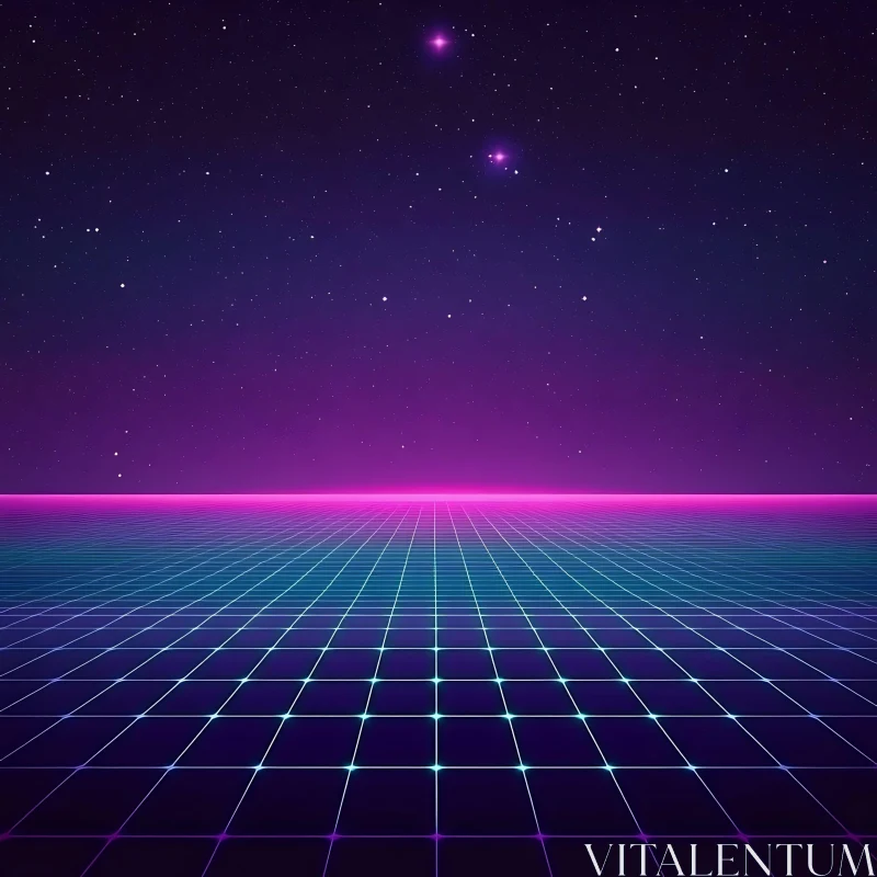 80s Retro Futuristic Grid with Neon Lights and Stars AI Image