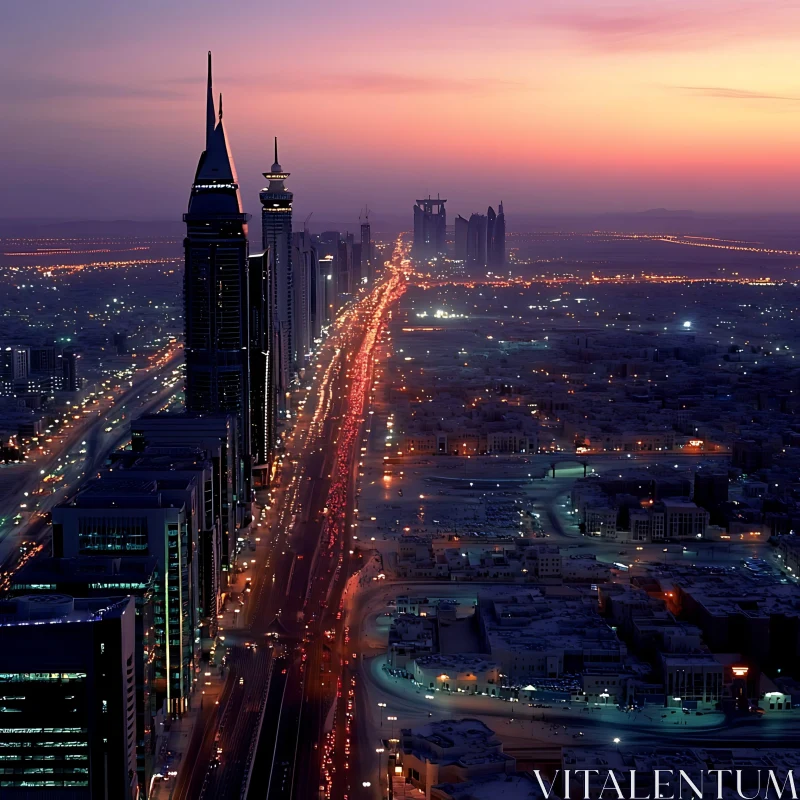 Evening Skyline with Skyscrapers and Busy Street AI Image