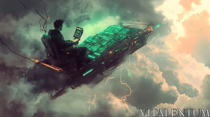 Cyberpunk Floating Device in Cloudy Sky AI Image