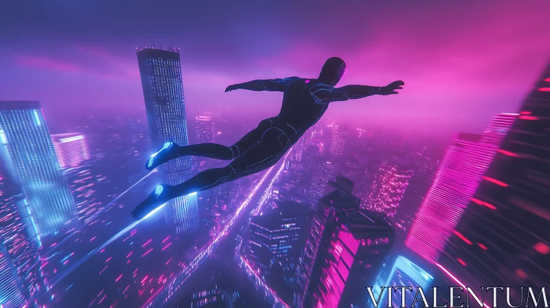 AI ART Night Flight Over Futuristic City